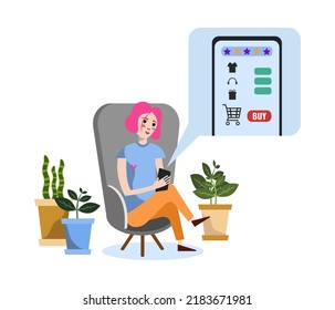 Flat style illustration with a young woman sitting in the armchair and shopping online. Young woman shopping online in cozy atmosphere.