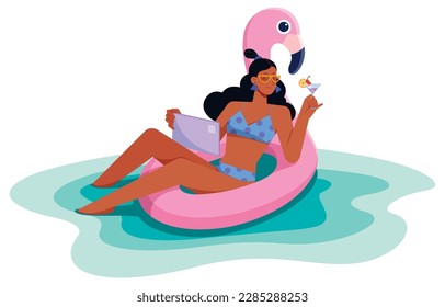 Flat style illustration with young woman sitting on inflatable pink flamingo in the water of the sea, ocean or swimming pool, while drinking cocktail and working on her tablet.