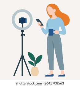 Flat Style Illustration of Young Woman Vlogging with Smartphone