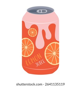 Flat style illustrations of bottled and canned fruity drinks and flavored soda. Summer cold and soft drinks