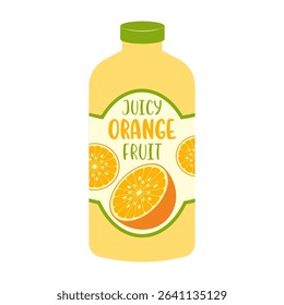 Flat style illustrations of bottled and canned fruity drinks and flavored soda. Summer cold and soft drinks