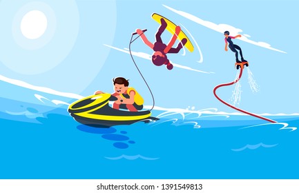 Flat style illustrations of characters in popular summer beach activities and water activities. Guy rides a water scooter and girl follows him and does a trick on a wakeboard. Flyboardist flies up