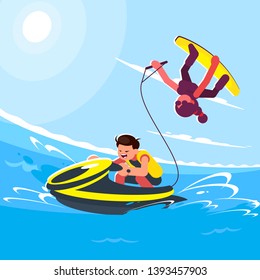 Flat style illustrations of characters in popular summer beach activities and water activities. Guy rides a water scooter and girl follows him and does a trick on a wakeboard.