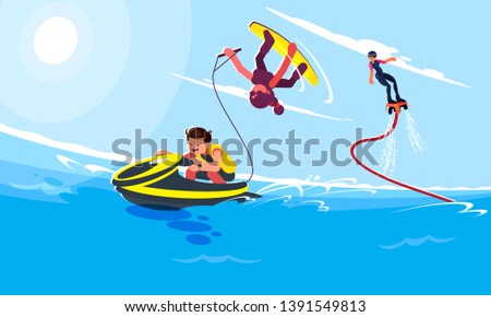 Flat style illustrations of characters in popular summer beach activities and water activities. Guy rides a water scooter and girl follows him and does a trick on a wakeboard. Flyboardist flies up