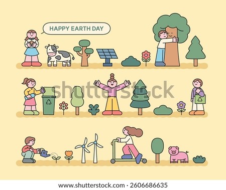 Flat style illustrations of kids celebrating Earth Day with trees, animals, recycling, and renewable energy. Perfect for eco-friendly, green living, and education themes.