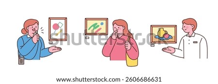Flat style illustrations of people visiting an art gallery, appreciating paintings, and explaining artworks. Perfect for culture, museum, and education themes.