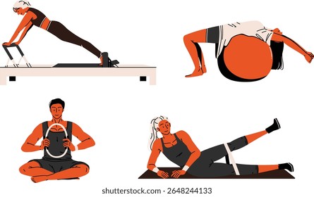 Flat style illustrations of pilates workout movements using equipment like reformers, rings, bands, and rollers.