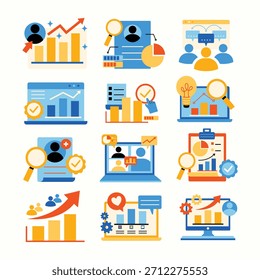 Flache Illustrationen mit Diagrammen, Einblicken, Profilen und Teamwork-Symbolen für die Analyse und Datenvisualisierung