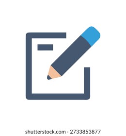 Flat style image featuring a blue writing pad and pencil on a White Background, simple visual communication.