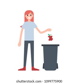 Flat style image of girl throwing waste into the waste bin. Enviroment protection concept
