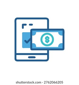 Flat style image illustrating mobile payment with a check mark on a phone. The bill shows dollar sign. Colors are blue and teal.