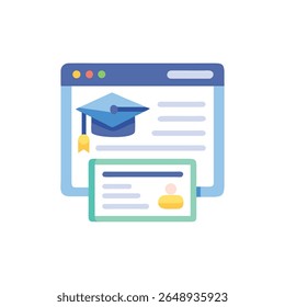 Imagem de estilo plano que ilustra o aprendizado on-line, com um teto de graduação em uma interface de site, ao lado de um cartão de perfil do usuário.