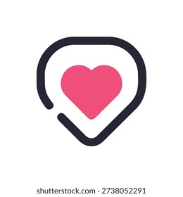 Flat style image of a pink heart inside a dark blue locator pin on a White Background.