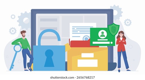 Imagem de estilo plano mostrando um homem e uma mulher com cadeado, chave, documentos e cartão de identificação em frente a uma tela grande de notebook, sobre um fundo branco. Conceito de proteção de dados em linha. Ilustração vetorial