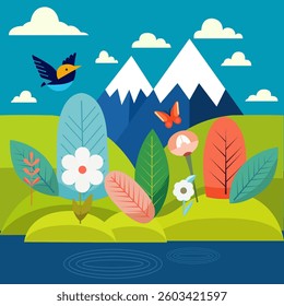 Flat style image of a spring landscape with few synthesized elements and full of vibrant colors.