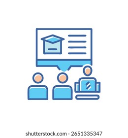 Imagem de estilo plano de estudantes que frequentam um curso educacional on-line, uma apresentação digital é mostrada.