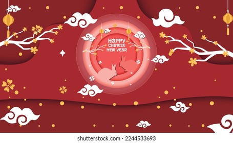 Flat Style Imlek Chinese New Year Template Banner Background. Shio rabbit 2023