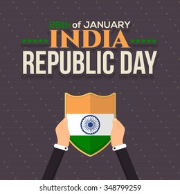 Flat Style India Republic Day 26th of January Celebration Card, Background, Badges Vector Template. Hands Hold Shield Style Flag
