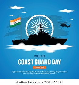 Flat style Indian coast guard day silhouette vector poster with navy patrol ship helicopter india map and tricolor flag	