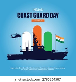 Flat style Indian coast guard day silhouette vector poster with navy patrol ship helicopter india map and tricolor flag	