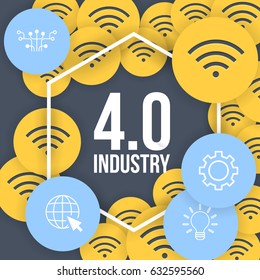 Flat Style Industry 4.0 Concept Bubbles with Geometric Frame Vector Background