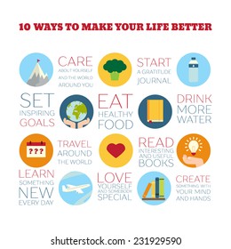 Flat Style Infographics. 10 ways to make your life better. Concept for education, training courses, self-development and how-to articles