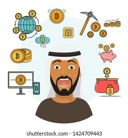 Flat style infographics with scared Arab person, blockchain and financial symbols. Bank bitcoin cryptocurrency vector set golden coins, mining pickaxe, crypto wallet and digital account.