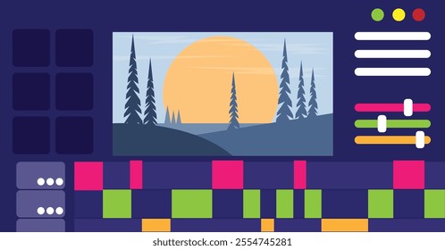 Flat Style Interface of a Video Editing Software. Technology, art and film production concept vector