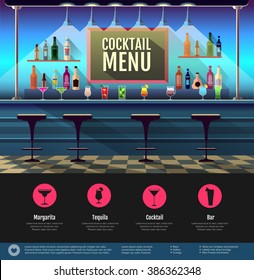 Flat style interior of cocktail bar