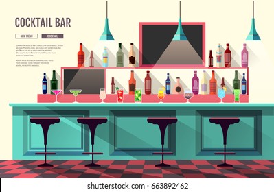 Flat style interior of cocktail bar. Web site design. Cocktail menu