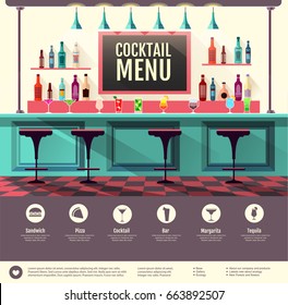 Flat style interior of cocktail bar. Web site design. Cocktail menu