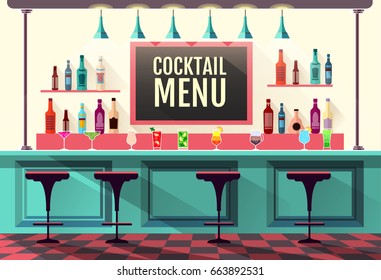 Flat style interior of cocktail bar. Web site design. Cocktail menu