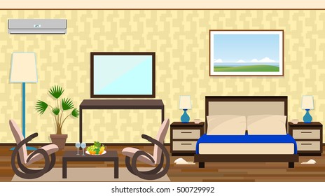 Flat style interior of a hotel room with rest zone, furniture, decoration. Vector illustration