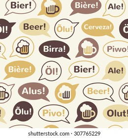 Flat style International Beer Day background, seamless repeat vector pattern. Speech bubbles with beer mug and word BEER in different languages: english, french, german, italian, spanish, finnish etc.