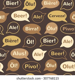 Flat style International Beer Day background, seamless vector pattern. Speech bubbles with word BEER in different languages: english, french, german, italian, spanish, polish, finnish, czech, swedish.