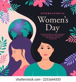 Flat style International women's day with beautiful long hair women and globe illustration 