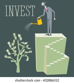 Flat style invest concept web infographics vector illustration. Businessman watering plant with dollar leaves