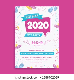 Flat Style Invitation, Template or Flyer Design Decorated with Cocktails, Leaves and Event Details on White Background for 2020 New Year Party.