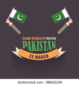 Flat Style Islamic Republic of Pakistan National Day Design, Hands Hold Flags Illustration