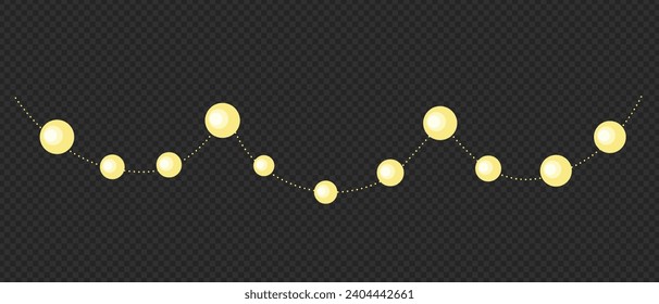 Flat Style Isolated Decorative Christmas and new year hanging led light decoration abstract Greeting card template. hanging decorations Xmas yellow light balls cable isolated on transparent background