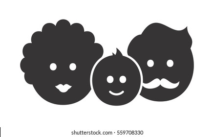 Flat Style Isolated On White Background Family Icon. Full Family Simple Shape Logo. Happy Parents With A Child Sign. Adult Couple With One Kid Pictogram  