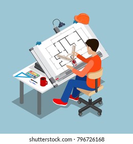 Flat Style Isometric 3d Drawing Architect Board Table Multipurpose Vector Illustration. Man Creator Drafting. Architectural Desk For Sketching. Large Sheet Of Paper, Ruler Architect Workplace