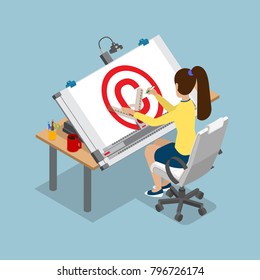 Flat Style Isometric 3d Drawing Architect Board Table Multipurpose Vector Illustration. Woman Drafting Copyright Sign. Architectural Desk For Sketching. Large Sheet Of Paper, Ruler Architect Workplace