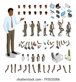 Flat Style Isometric Body Parts Of Black Man Vector Illustration Set. Male Business Character Constructor: Hair Style, Clothes, Accessories And Gadgets, Legs, Arms Moves. Animated Characters Template