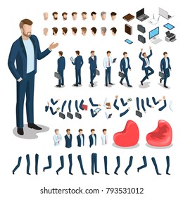 Flat style isometric body parts of man vector illustration set. Male business character constructor: hair style, clothes, accessories and gadgets, legs, arms moves. Creation animated characters in 3d