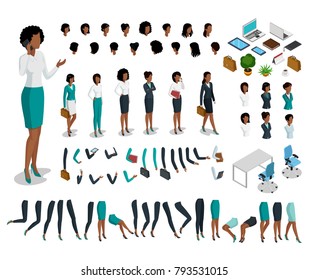 Flat Style Isometric Body Parts Of Black Woman Vector Illustration Set. Female Business Character Constructor: Hair Style, Clothes, Accessories And Gadgets, Legs, Arms Moves. Characters Templates.