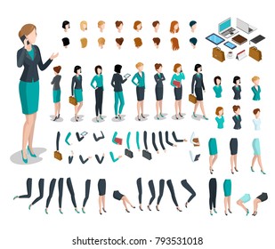 Flat Style Isometric Body Parts Of Woman Vector Illustration Set. Female Business Character Constructor: Hair Style, Clothes, Accessories And Gadgets, Legs, Arms Moves. Animated Characters Template.