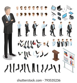 Flat style isometric body parts of man vector illustration set. Male business character constructor: hair style, clothes, accessories and gadgets, legs, arms moves. Animated characters template