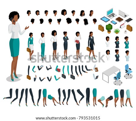 Flat style isometric body parts of black woman vector illustration set. Female business character constructor: hair style, clothes, accessories and gadgets, legs, arms moves. Characters templates.