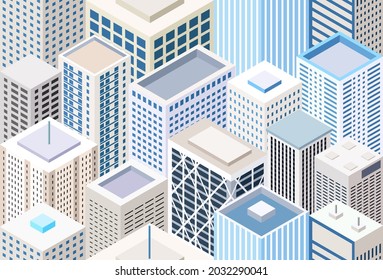 Flat style isometric city buildings vector seamless pattern